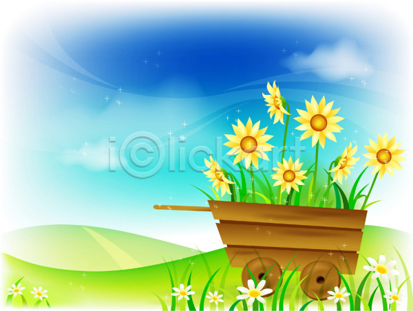 사람없음 EPS 일러스트 계절 꽃 꽃마차 노란색 백그라운드 봄 사계절 식물 야외 자연 주간 초원(자연) 컬러 풍경(경치) 하늘 해바라기