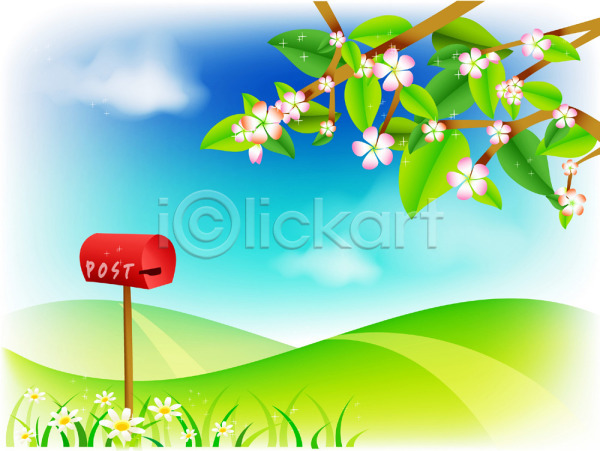 사람없음 EPS 일러스트 계절 꽃 나무 백그라운드 봄 사계절 식물 야외 우체통 자연 주간 풍경(경치) 하늘