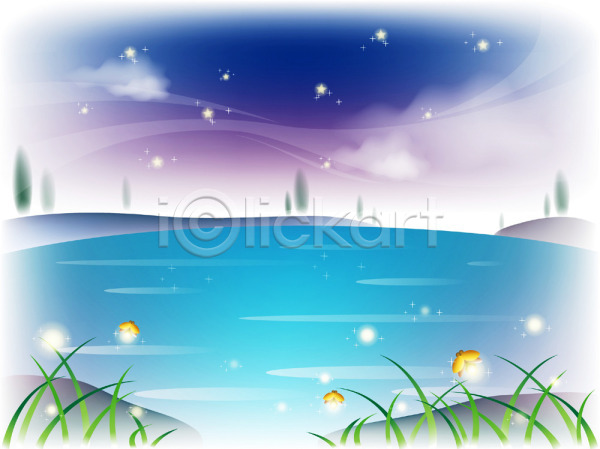 사람없음 EPS 일러스트 계절 곤충 구름(자연) 반딧불 반딧불이 백그라운드 사계절 야외 연못 자연 절지류 풍경(경치) 하늘 호수