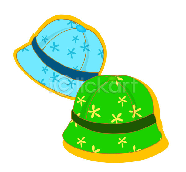 사람없음 EPS 아이콘 꽃무늬 두개 모자(잡화) 벙거지모자 오브젝트 잡화 중절모 초록색 컬러 클로슈 하늘색