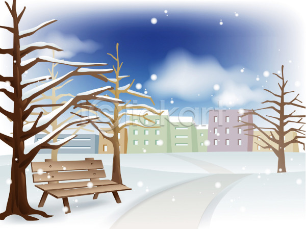 사람없음 EPS 일러스트 겨울 겨울배경 계절 공공시설 공원 나무 눈(날씨) 도시 백그라운드 벤치 빌딩 사계절 야외 자연 정원 주간 풍경(경치) 하늘