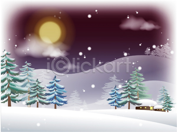 사람없음 EPS 일러스트 겨울 겨울배경 계절 나무 눈(날씨) 달 백그라운드 보름달 사계절 산 야간 야외 자연 주택 풍경(경치) 하늘