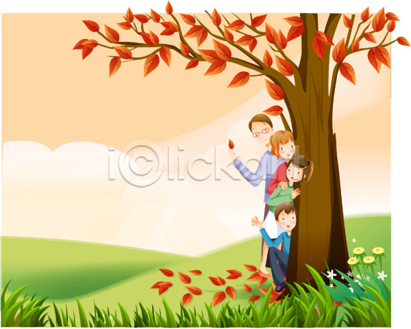 사랑 남자 사람 소년 여러명 여자 EPS 일러스트 가을(계절) 가족 가족애 계절 나무 낙엽 단풍 딸 부모 아들 아빠 야외 엄마