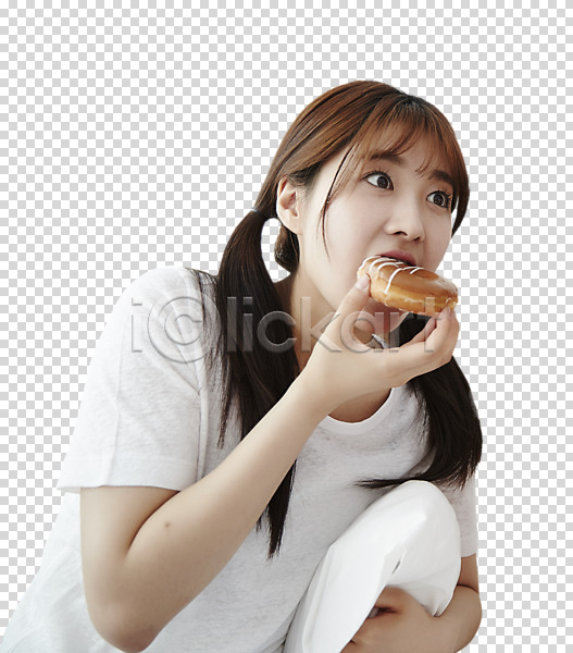 10대 십대여자한명만 여자 청소년 한국인 한명 PNG 편집이미지 누끼 도넛 들기 먹기 상반신 양갈래머리 편집 편집소스