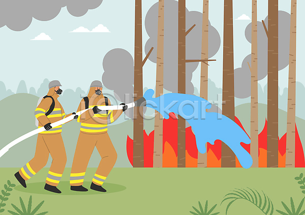 남자 두명 성인 성인남자만 PSD 일러스트 나무 들기 물 물뿌리기 방독면 불 산 산불 서기 소방 소방관 소방복 소방용수 소방호스 연기 전신 화재 화재진압