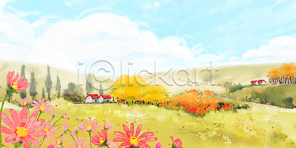 사람없음 PSD 일러스트 가을풍경 구름(자연) 단풍나무 마을 백그라운드 산 수채화(물감) 시골 시골집 언덕 초록색 코스모스(꽃)
