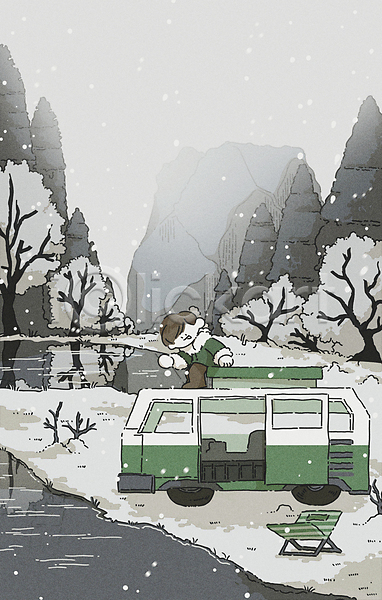 남자 성인 성인남자한명만 한명 PSD 일러스트 겨울 나무 나뭇가지 눈(날씨) 산 숲 앉기 전신 캠핑 캠핑의자 캠핑카 호수 회색