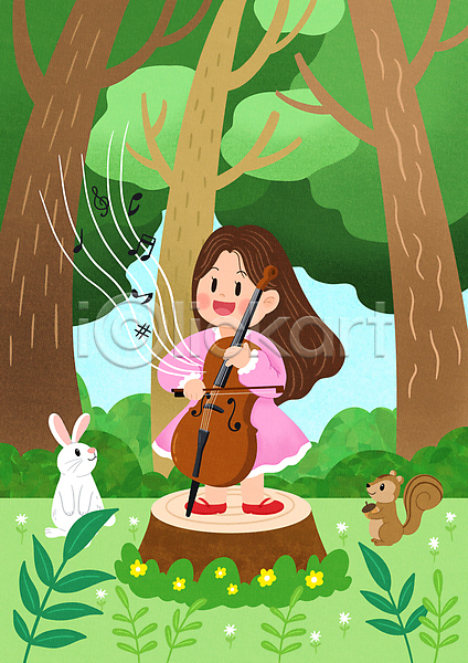 소녀(어린이) 소녀한명만 어린이 여자 한명 PSD 일러스트 공연 나무 나무밑둥 다람쥐 서기 숲 악기 연주 전신 첼로 초록색 토끼