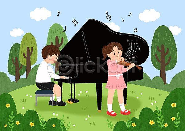 남자 두명 소녀(어린이) 소년 어린이 어린이만 여자 PSD 일러스트 공연 구름(자연) 그랜드피아노 들기 바이올린 서기 숲 악기 앉기 연주 초록색
