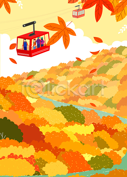 남자 성인 성인만 여러명 여자 AI(파일형식) 일러스트 가을(계절) 가을풍경 강 노란색 단풍 등산 등산객 산 산행 상반신 승차 주황색 케이블카 하늘