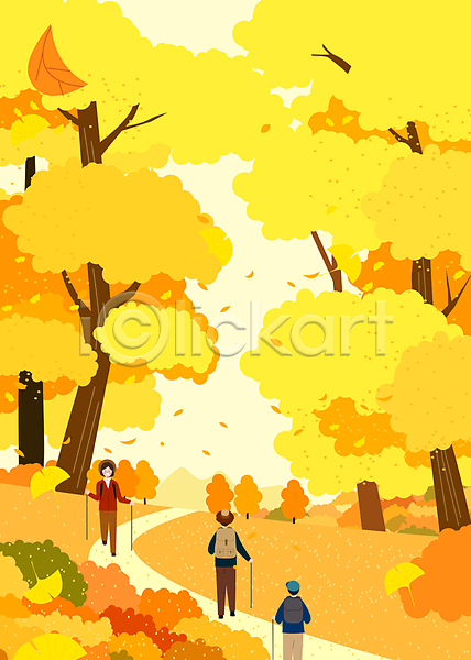 남자 성인 성인만 세명 여자 AI(파일형식) 일러스트 가을(계절) 가을풍경 걷기 노란색 단풍 등산 등산객 등산스틱 산 산행 숲 은행나무 전신