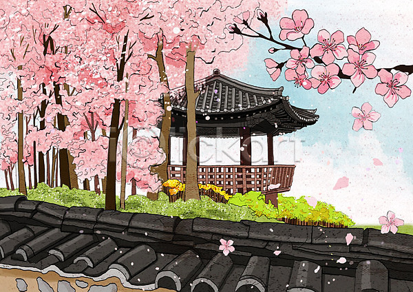 사람없음 PSD 일러스트 고건축 기와담장 꽃잎 낙화 벚꽃 벚나무 봄 봄풍경 분홍색 정자(건축물) 한국건축 한옥