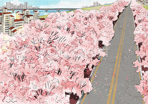 사람없음 PSD 일러스트 건물 다리(건축물) 도로 벚꽃 벚나무 봄 봄풍경 분홍색 아파트