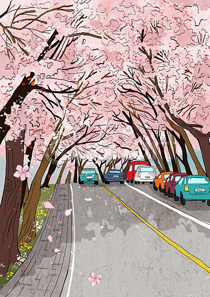 사람없음 PSD 일러스트 꽃잎 낙화 도로 벚꽃 벚나무 봄 봄풍경 분홍색 자동차