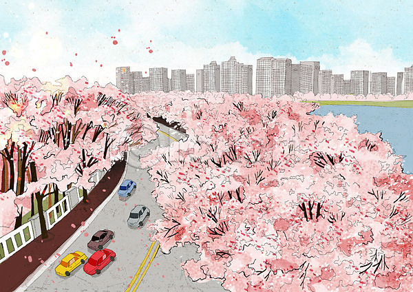 사람없음 PSD 일러스트 거리 건물 도로 도시 벚꽃 벚나무 봄 봄풍경 분홍색 아파트 자동차