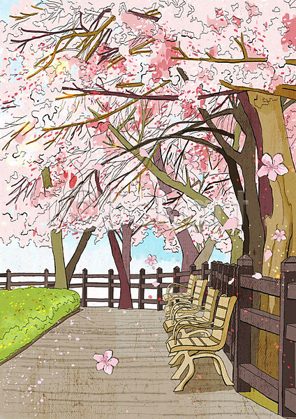 사람없음 PSD 일러스트 꽃잎 낙화 벚꽃 벚나무 벤치 봄 봄풍경 분홍색