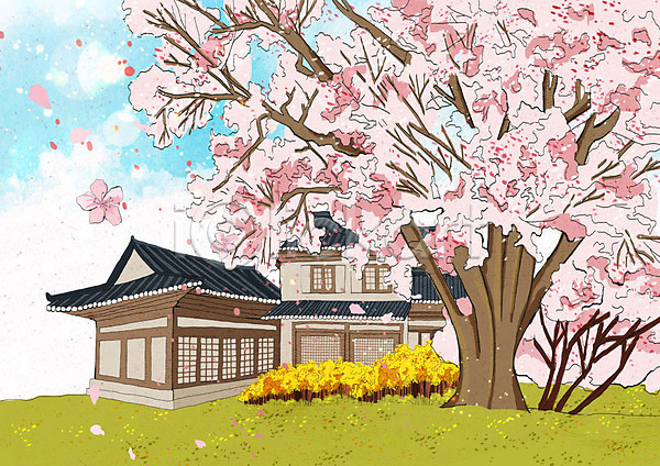 사람없음 PSD 일러스트 고건축 꽃잎 낙화 벚꽃 벚나무 봄 봄풍경 분홍색 한국건축 한옥