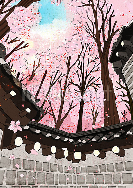 사람없음 PSD 일러스트 기와담장 꽃잎 낙화 벚꽃 벚나무 봄 봄풍경 분홍색 지붕 한옥
