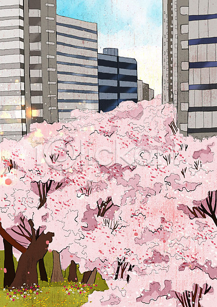 사람없음 PSD 일러스트 건물 꽃 도시 벚꽃 벚나무 봄 봄풍경 분홍색 풀(식물)