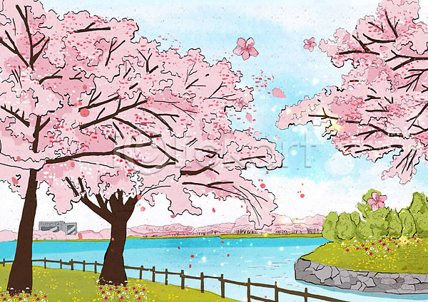 사람없음 PSD 일러스트 강 꽃잎 나무 낙화 벚꽃 벚나무 봄 봄풍경 분홍색 풀(식물) 호수 호수공원