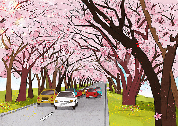 사람없음 PSD 일러스트 거리 꽃잎 낙화 도로 벚꽃 벚나무 봄 봄풍경 분홍색 자동차