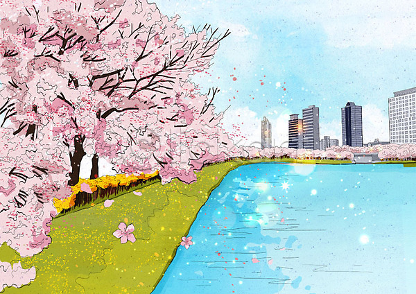 사람없음 PSD 일러스트 건물 꽃잎 낙화 도시 벚꽃 벚나무 봄 봄풍경 분홍색 호수