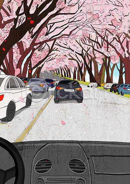 사람없음 PSD 일러스트 꽃잎 낙화 도로 벚꽃 벚나무 봄 봄풍경 분홍색 자동차 차안