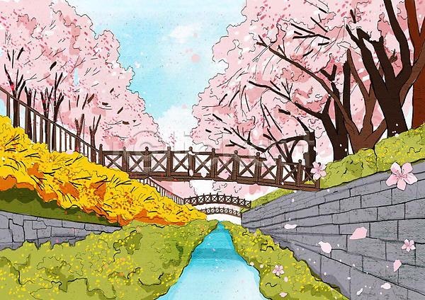 사람없음 PSD 일러스트 강 꽃잎 낙화 다리(건축물) 벚꽃 벚나무 봄 봄풍경 분홍색