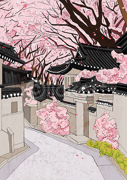 사람없음 PSD 일러스트 고건축 꽃잎 낙화 벚꽃 벚나무 봄 봄풍경 분홍색 한국건축 한옥 한옥마을