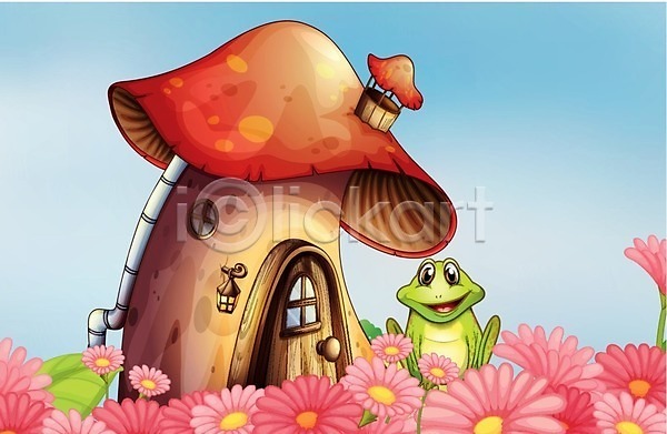 사람없음 EPS 일러스트 해외이미지 개구리 꽃 버섯 버섯모양 분홍색 정원 해외202004