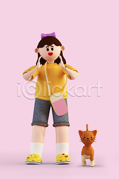 소녀(어린이) 소녀한명만 어린이 여자 한명 3D PSD 디지털합성 편집이미지 3D캐릭터 고양이 반려묘 서기 손모으기 외침 월간캐릭터 전신 제니 편집 편집소스 한마리