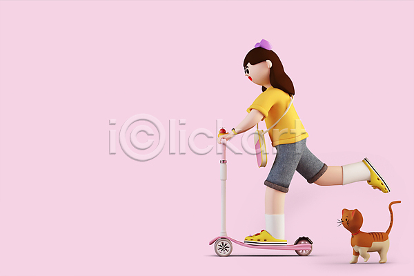 소녀(어린이) 소녀한명만 어린이 여자 한명 3D PSD 디지털합성 편집이미지 3D캐릭터 고양이 달리기 반려묘 승차 월간캐릭터 전신 제니 퀵보드 편집 편집소스 한마리