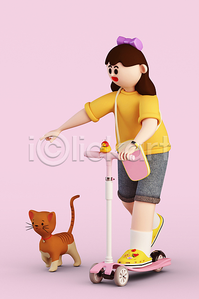소녀(어린이) 소녀한명만 어린이 여자 한명 3D PSD 디지털합성 편집이미지 3D캐릭터 가리킴 고양이 반려묘 승차 월간캐릭터 잡기 전신 제니 퀵보드 편집 편집소스 한마리