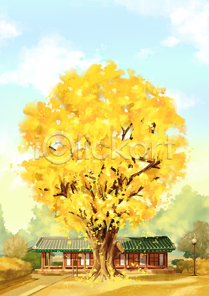 사람없음 PSD 일러스트 가을(계절) 가을배경 가을풍경 구름(자연) 기와집 은행나무 큼 하늘 한그루 한옥