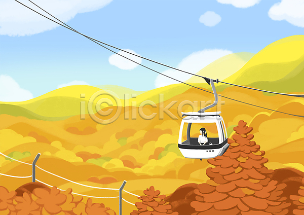 성인 성인여자한명만 여자 한명 PSD 일러스트 가을(계절) 가을배경 가을풍경 구름(자연) 단풍 단풍나무 산 상반신 승차 앉기 케이블카 하늘