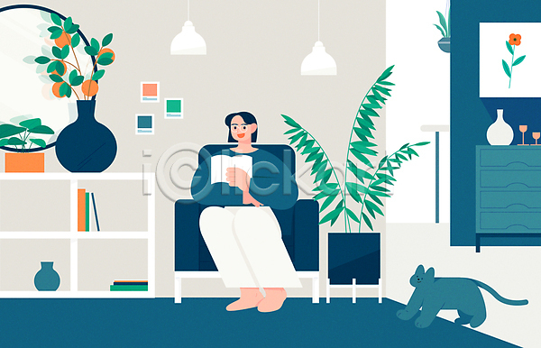 휴식 성인 성인여자한명만 여자 한명 AI(파일형식) 일러스트 거울 고양이 꽃병 들기 반려묘 소파 식물 앉기 액자 오렌지 인테리어 전신 조명 책 책장 청록색 행잉플랜트 회색