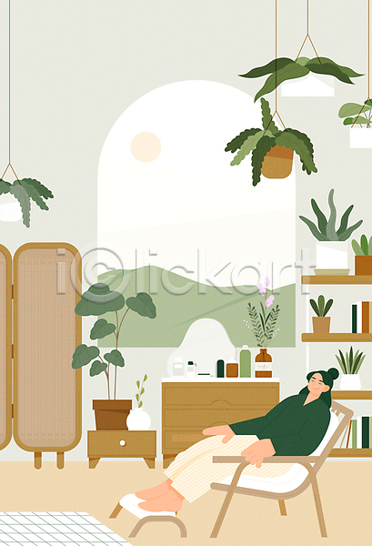 휴식 성인 성인여자한명만 여자 한명 AI(파일형식) 일러스트 거울 베이지색 식물 안락의자 앉기 유행 장식 전신 책 책장 초록색 카펫 파티션 플랜테리어 행잉플랜트 화분 화장품