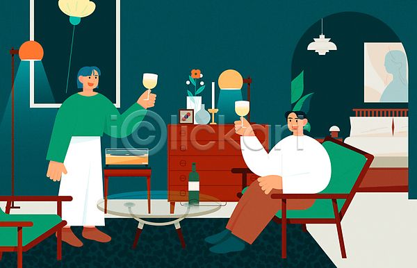 휴식 남자 두명 성인 성인만 여자 AI(파일형식) 일러스트 들기 모던 미드센츄리 서기 술병 스탠드 앉기 액자 의자 잔 전신 조명 초록색 촛대 침대 카펫 탁자