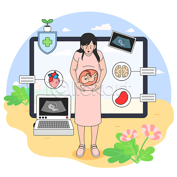 스마트 두명 성인 아기 여자 AI(파일형식) 일러스트 감싸기 건강관리 꽃 내려보기 뇌 서기 심장 의학 임산부 임신 전신 초음파사진 태아