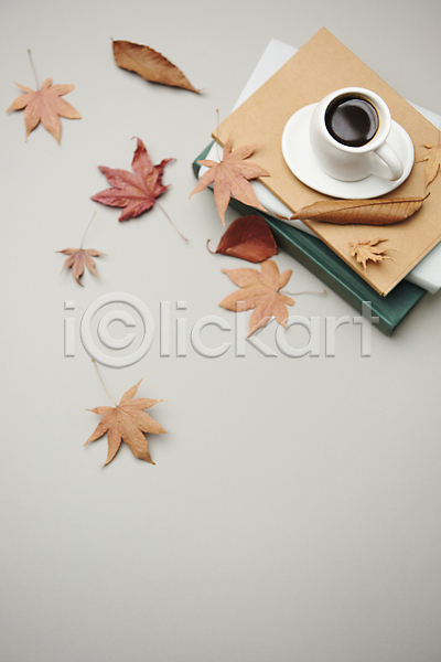 감성 분위기 빈티지 사람없음 JPG 포토 가을(계절) 낙엽 단풍 스튜디오촬영 실내 오브젝트 책 커피 회색배경