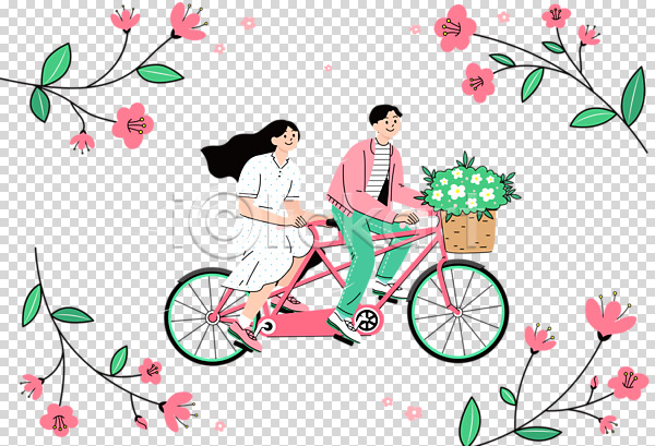 함께함 남자 두명 성인 성인만 여자 PNG 편집이미지 2인용자전거 꽃 누끼 미소(표정) 승차 자전거 전신 커플 편집 편집소스