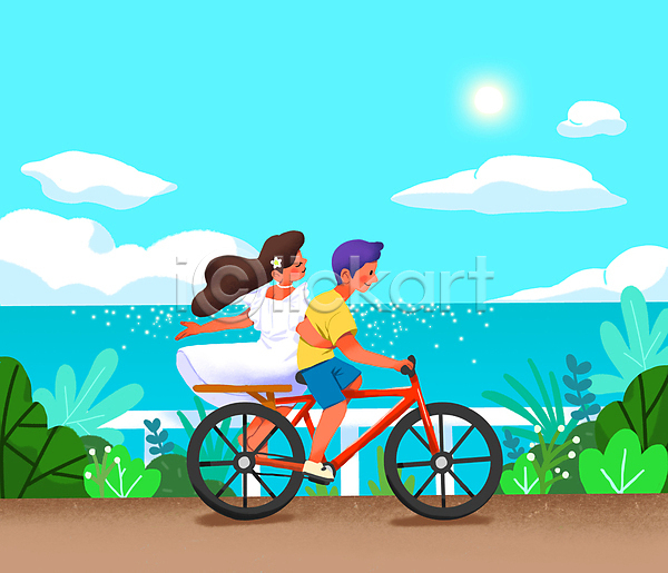 남자 두명 성인 성인만 여자 PSD 일러스트 구름(자연) 바다 승차 앉기 자전거 전신 커플 태양 풀잎 해변