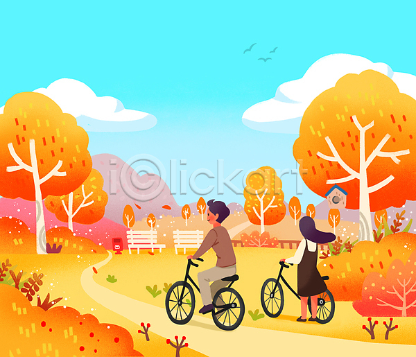 남자 두명 성인 성인만 여자 PSD 일러스트 나무 단풍 둥지 벤치 승차 우체통 울타리 자전거 전신 주황색 풀(식물) 하늘