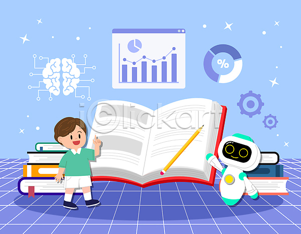 스마트 남자 소년 소년한명만 어린이 한명 AI(파일형식) 일러스트 AI(인공지능) 가리킴 교육 그래프 뇌 디지털 로봇 어린이교육 전신 책 책더미 톱니바퀴 하늘색