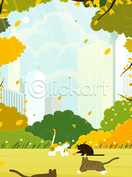 평화 사람없음 AI(파일형식) 일러스트 가을(계절) 가을풍경 건물 고양이 고층빌딩 공원 구름(자연) 길고양이 낙엽 단풍 도시 도심 빌딩 숲속 여러마리