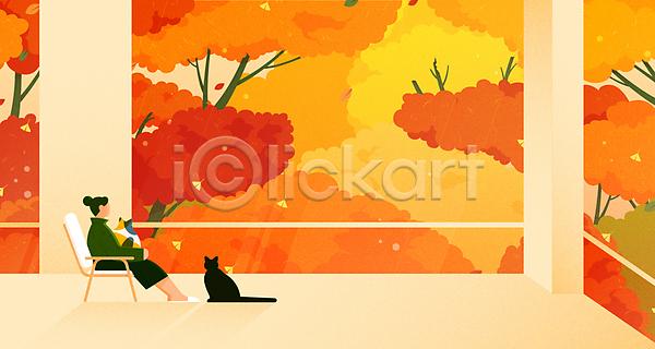 평화 휴식 성인 성인여자한명만 여자 한명 AI(파일형식) 일러스트 가을(계절) 가을풍경 고양이 단풍 단풍나무 두마리 반려묘 숲속 실내 안락의자 앉기 전신 주황색 창문