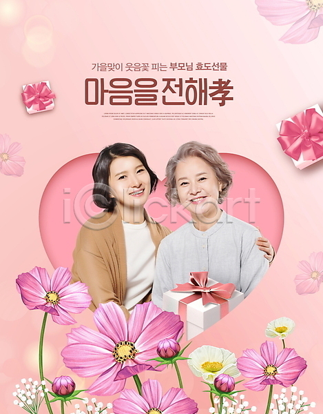 행복 30대 60대 노년 두명 성인 여자 여자만 한국인 PSD 편집이미지 감싸기 꽃봉오리 모녀 미소(표정) 분홍색 상반신 선물 선물상자 웃음 코스모스(꽃) 하트 효도