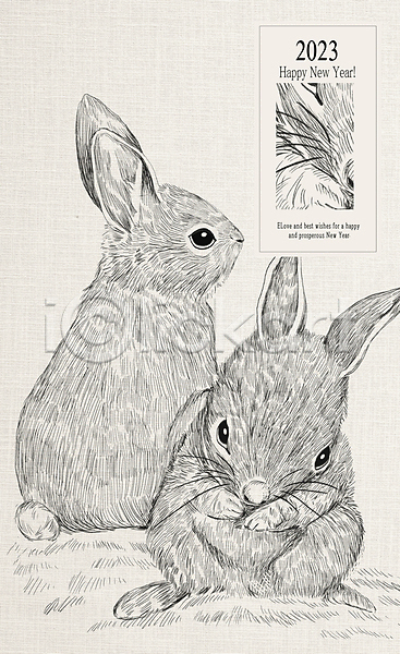 사람없음 PSD 라인일러스트 일러스트 2023년 계묘년 두마리 라벨 새해 수염 스케치 초원(자연) 토끼 토끼띠 해피뉴이어