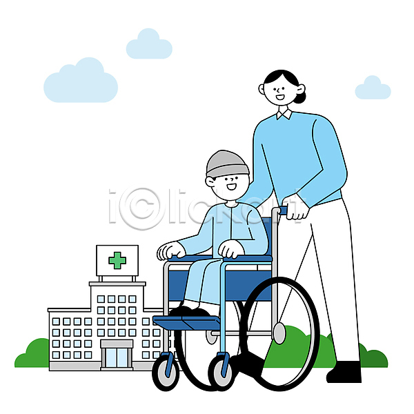 산책 남자 두명 성인 소년 어린이 여자 AI(파일형식) 일러스트 간호사 모자(잡화) 병원 소아과 앉기 전신 환자 휠체어