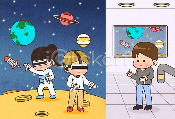 체험 체험학습 남자 성인 세명 소녀(어린이) 소년 어린이 여자 AI(파일형식) 일러스트 VR기기 가상공간 가상현실 들기 로켓 서기 어린이직업체험(체험) 우주 우주선 전신 직업체험 행성